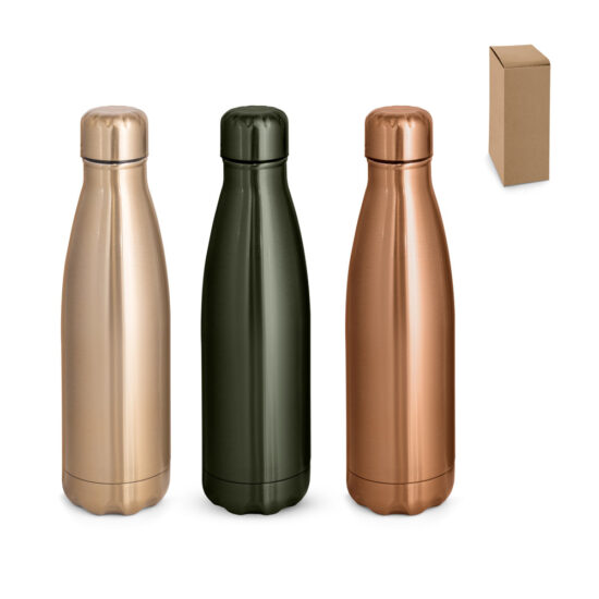 SHOW METALLIC. Garrafa em aço inox de parede dupla térmica, isolada a vácuo e acabamento metalizado 510 mL